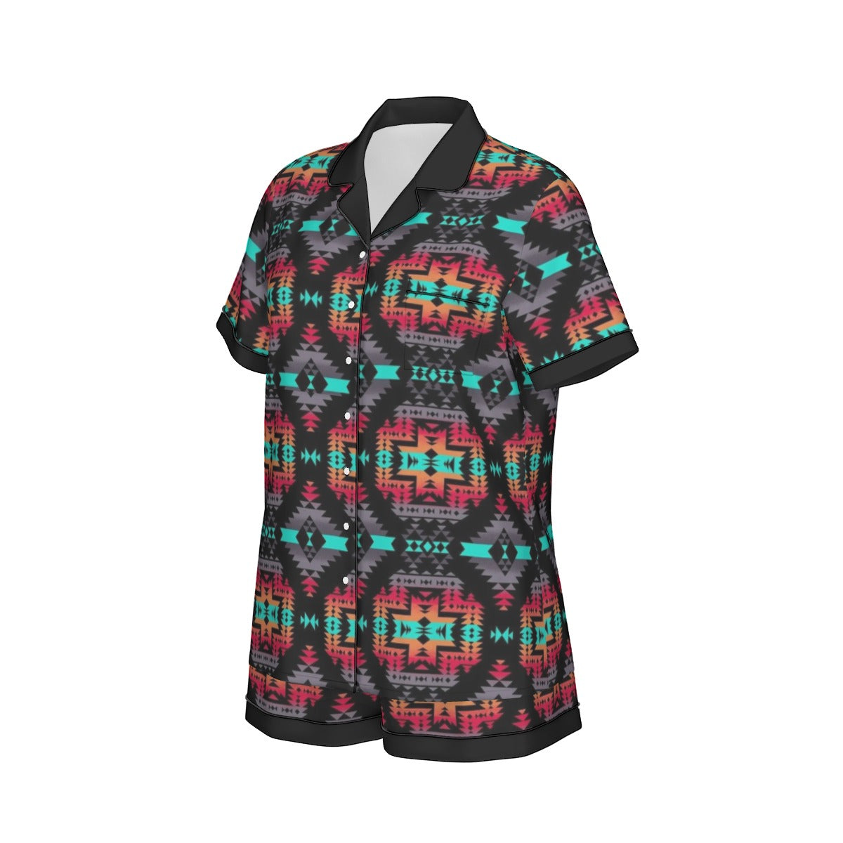 All-Over Print Women's Imitation Silk Pajama Set With Short Sleeve